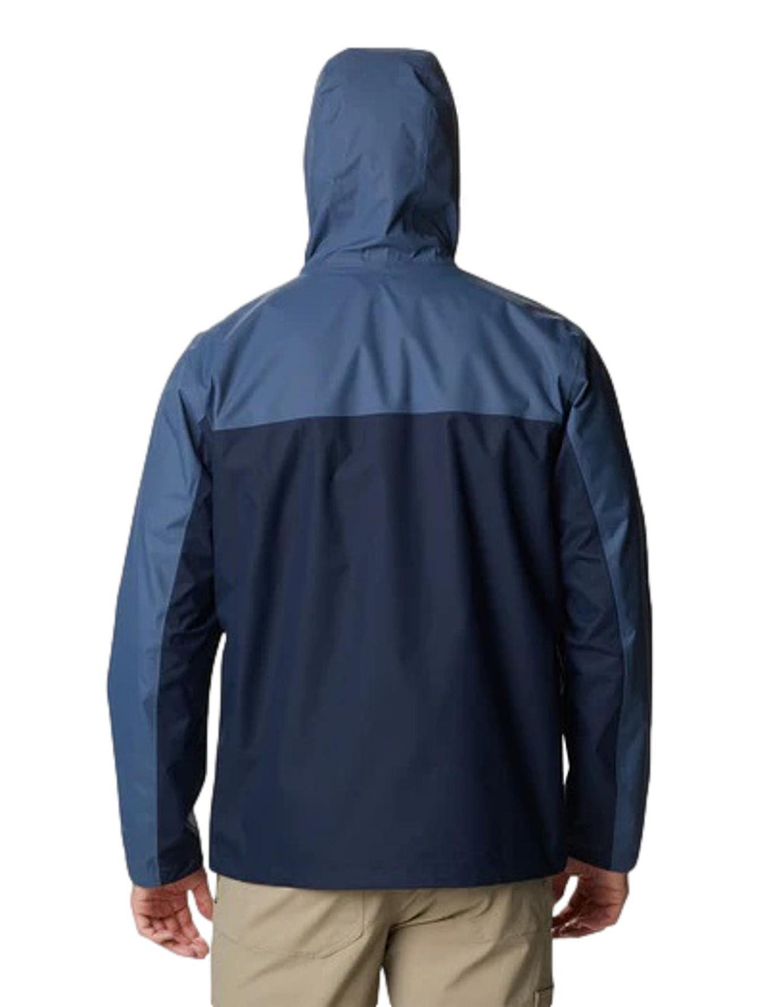 Chaqueta Columbia de dos tonos de azul con capucha, diseñada para actividades al aire libre.