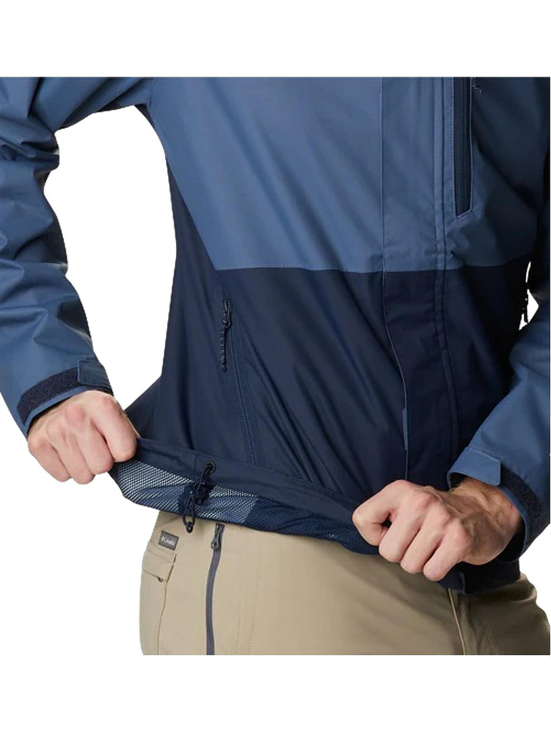 Chaqueta Columbia de dos tonos de azul con capucha, diseñada para actividades al aire libre.