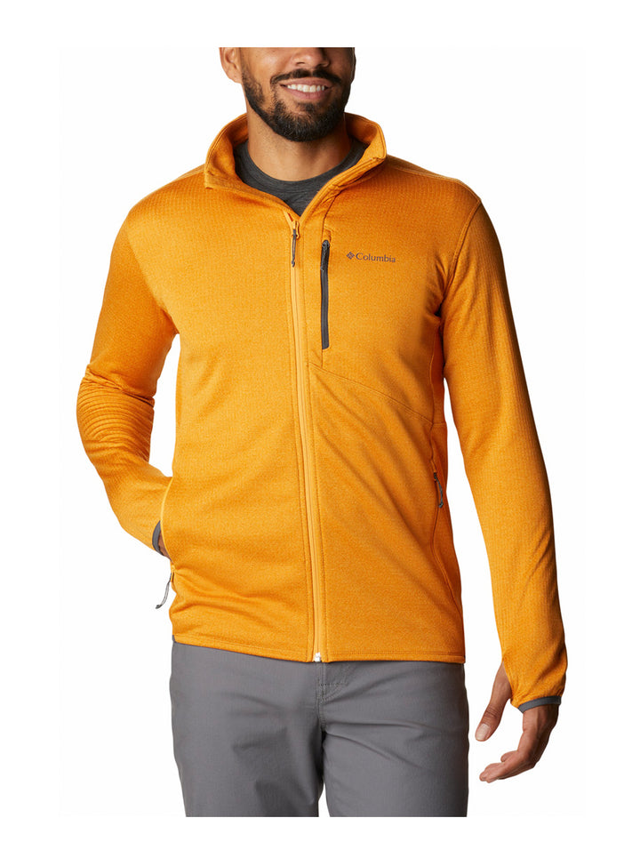 Sudadera Columbia color naranja mango con cierre frontal completo y cuello alto.