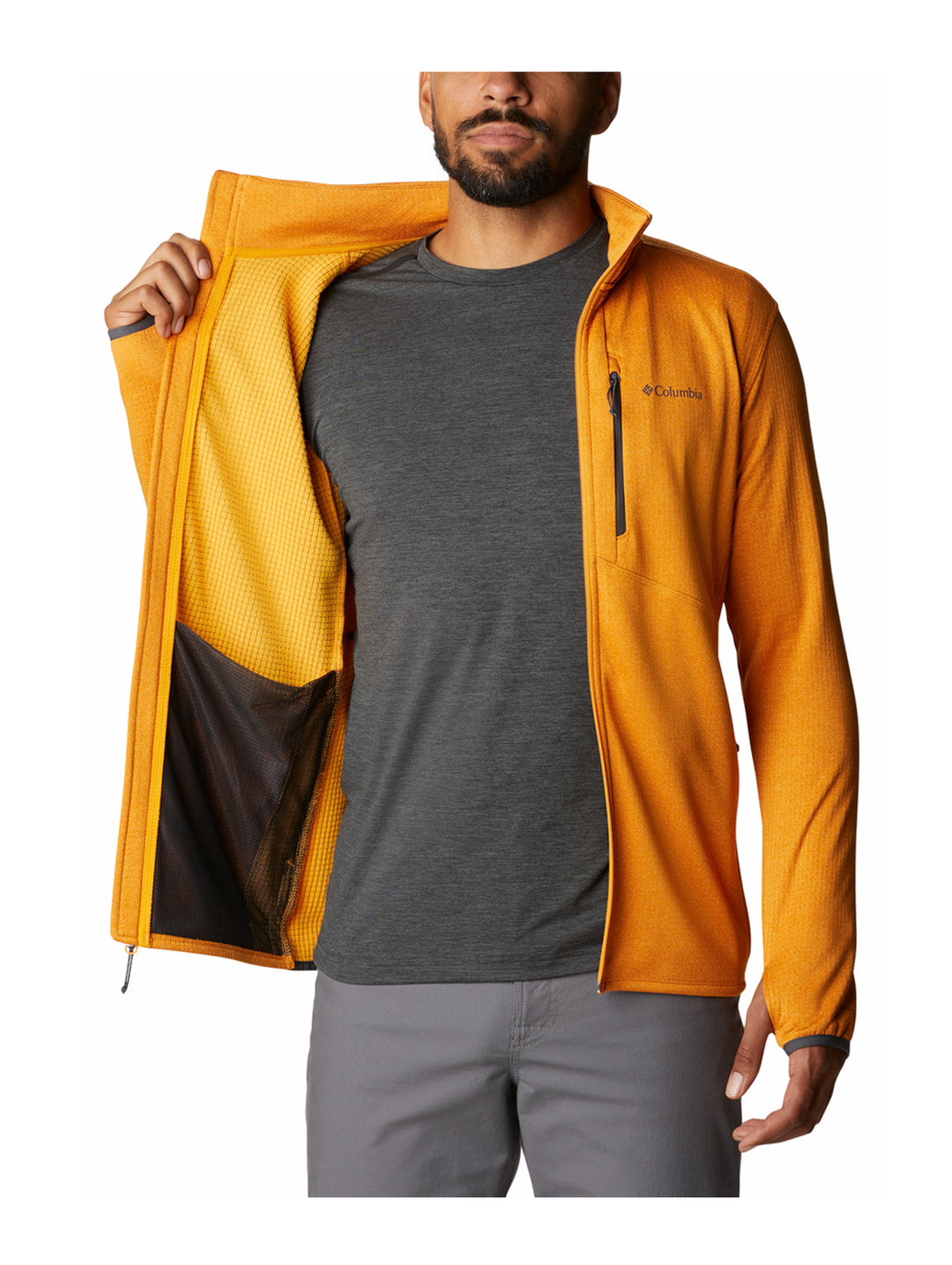 Sudadera Columbia color naranja mango con cierre frontal completo y cuello alto.