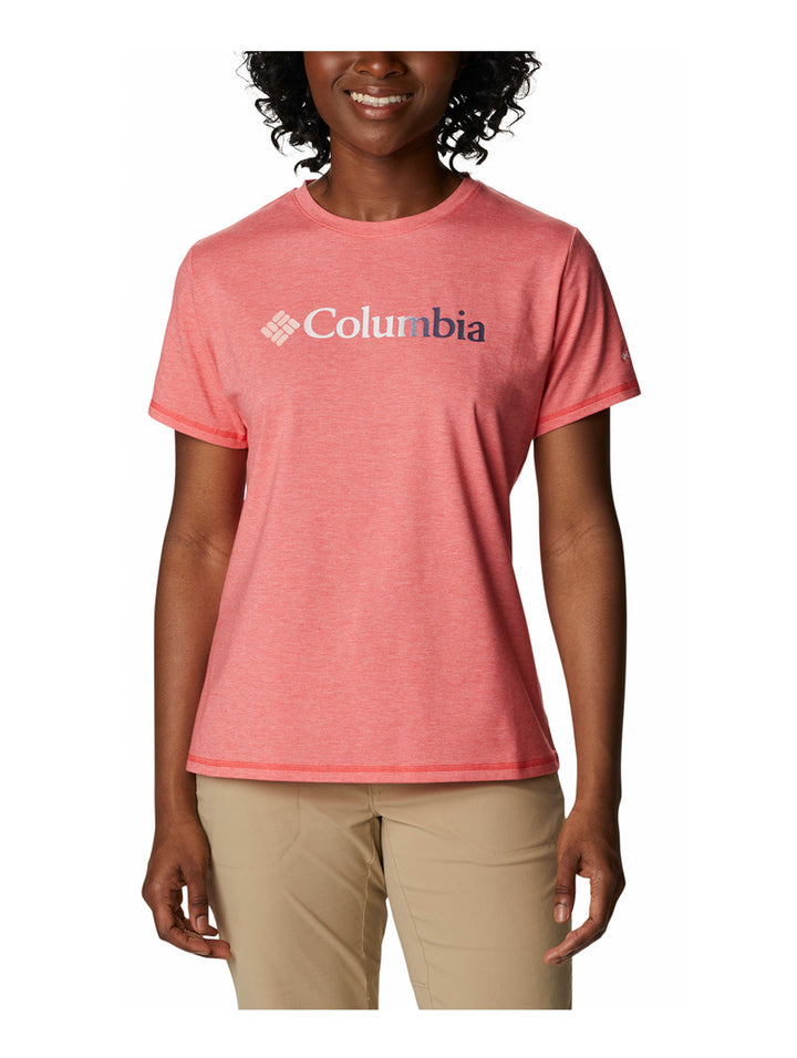 Camiseta deportiva de manga corta color rojo jaspeado con logotipo de Columbia en el pecho.