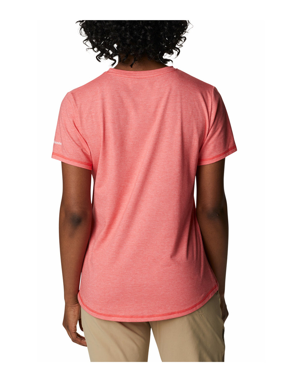 Camiseta deportiva de manga corta color rojo jaspeado con logotipo de Columbia en el pecho.