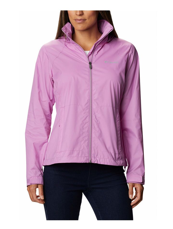 Chaqueta Columbia Switchback III en color rosa blossom para mujer con cierre completo y cuello alto.
