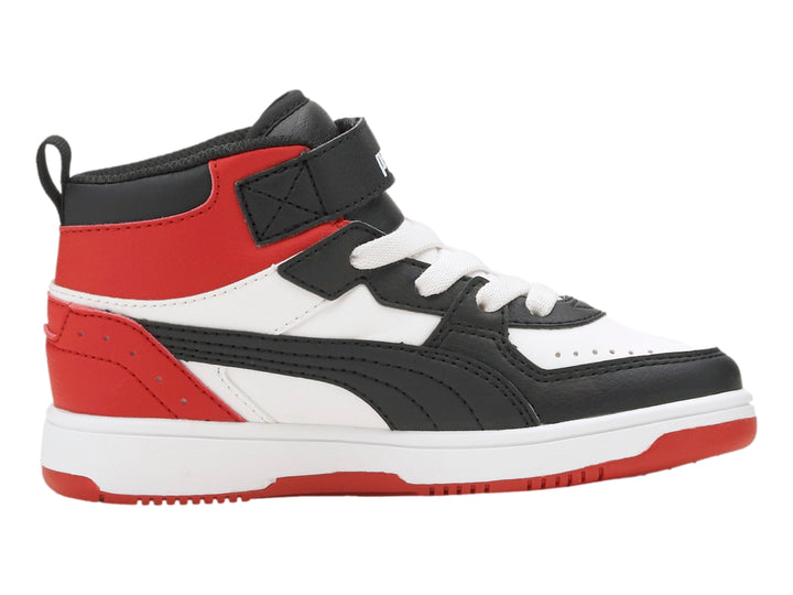 Tenis PUMA Rebound Joy AC PS en colores blanco, negro y rojo con diseño de bota alta y correa de velcro.