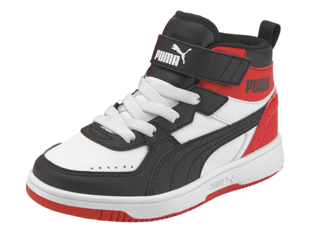 Tenis PUMA Rebound Joy AC PS en colores blanco, negro y rojo con diseño de bota alta y correa de velcro.