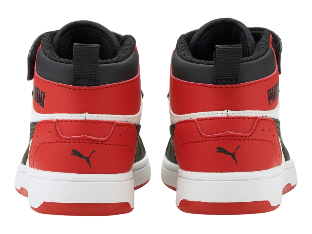 Tenis PUMA Rebound Joy AC PS en colores blanco, negro y rojo con diseño de bota alta y correa de velcro.