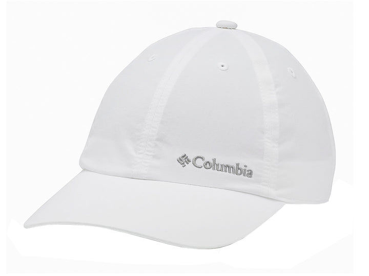 Gorra Columbia Tech Shade II de color blanco con logotipo bordado en el frente y visera curva.