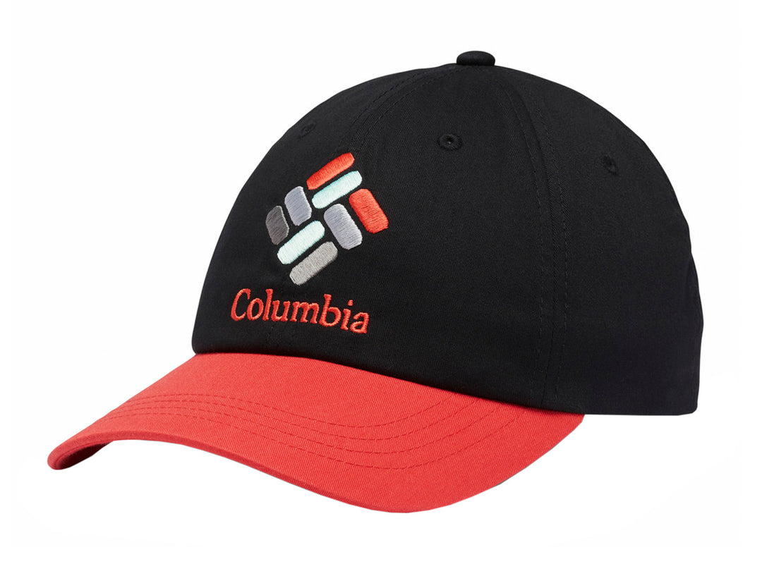 Gorra Columbia de color negro con visera roja y logotipo bordado en el frente.