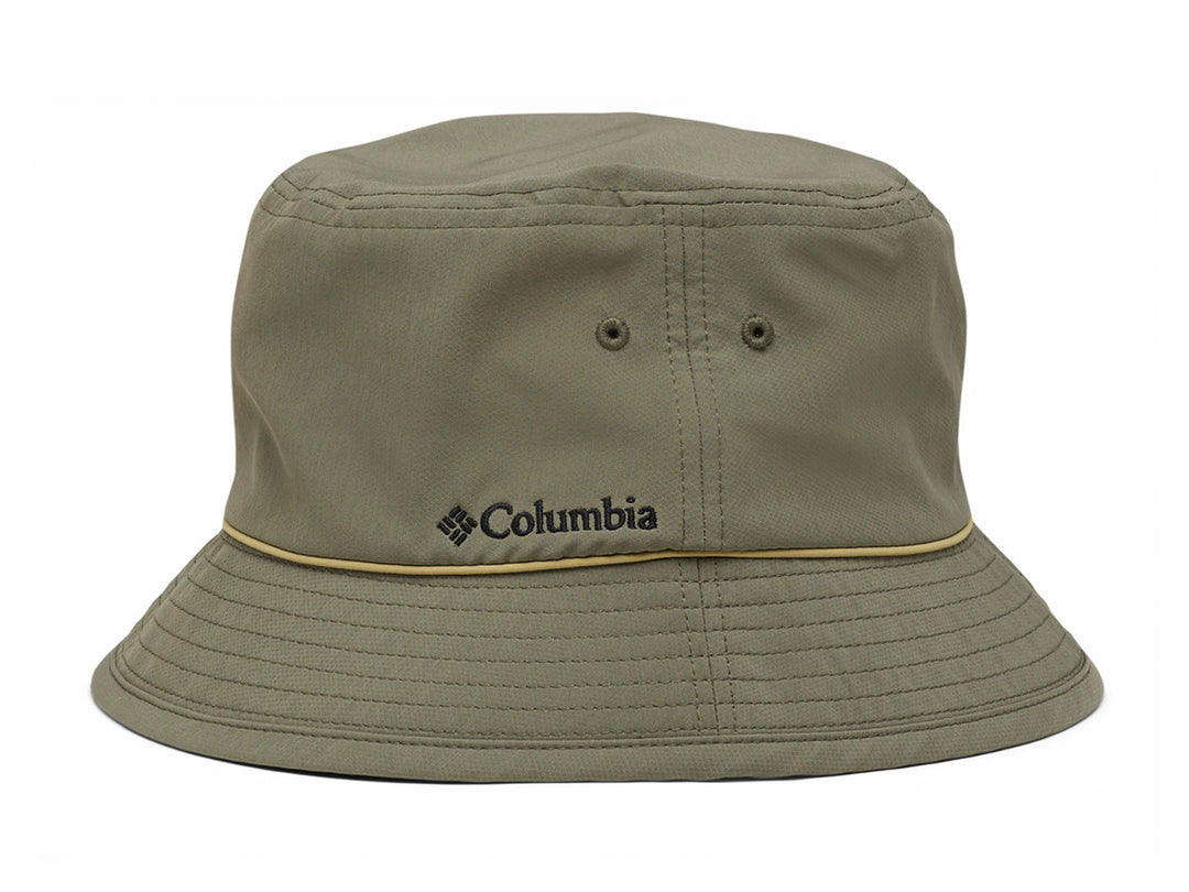 Sombrero tipo bucket Columbia color verde stone green con logo frontal y orificios de ventilación.