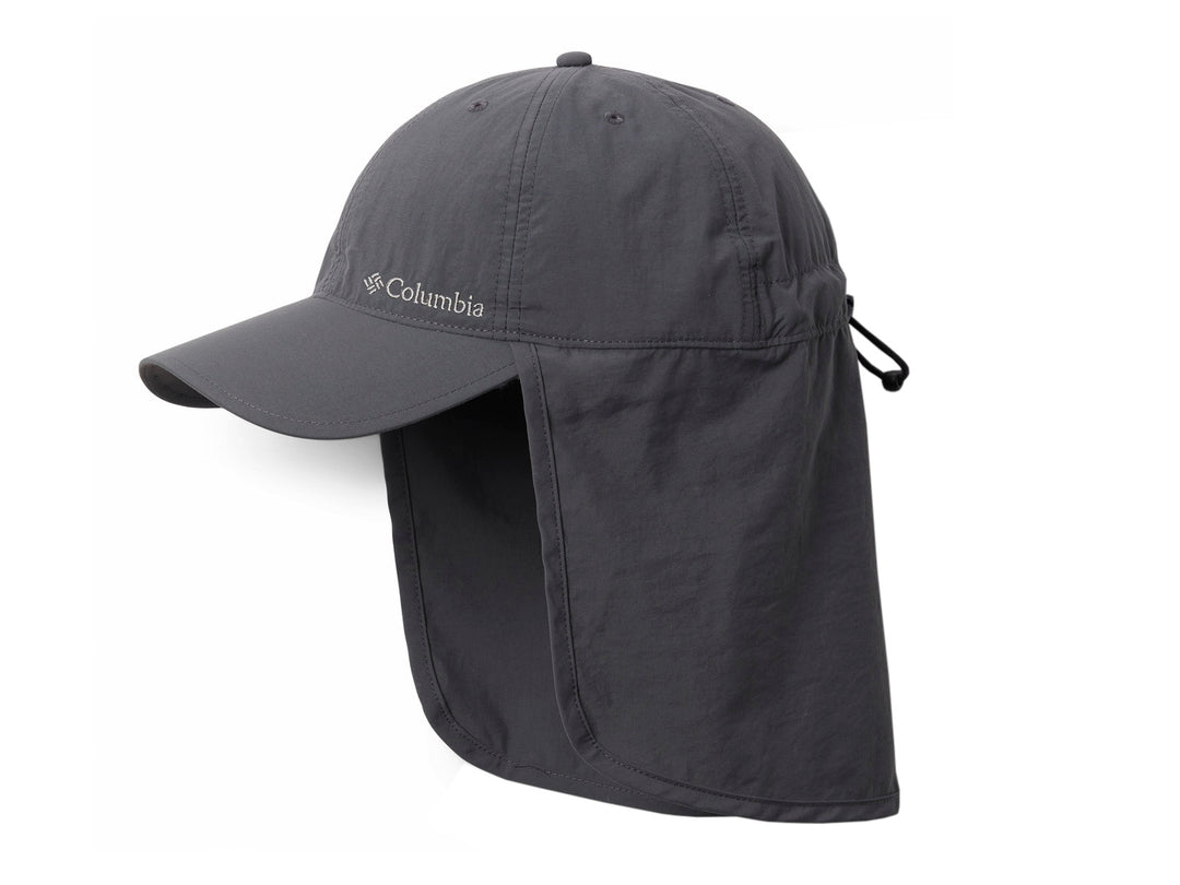 Gorra Columbia color gris con visera y protector de nuca integrado para protección solar.