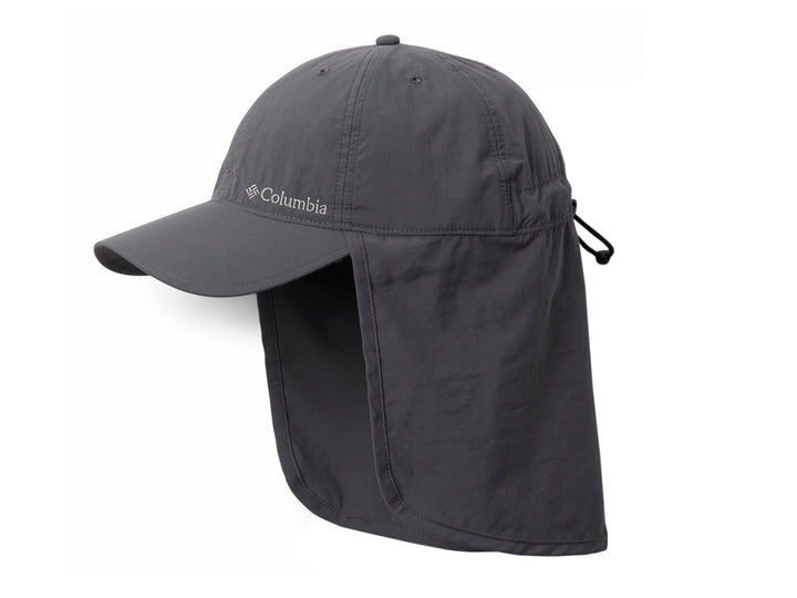 Gorra Columbia color gris con visera y protector de nuca integrado para protección solar.