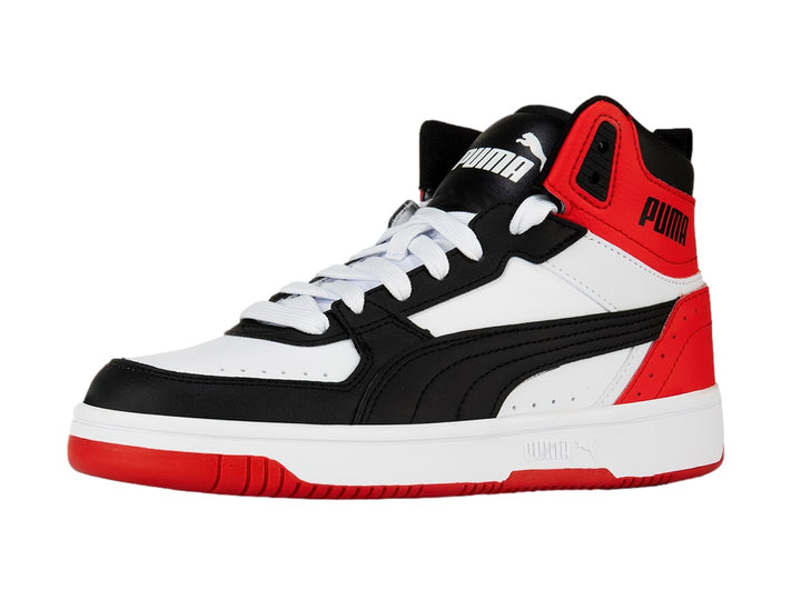 Tenis PUMA Rebound Joy JR de bota alta en colores blanco, negro y rojo.