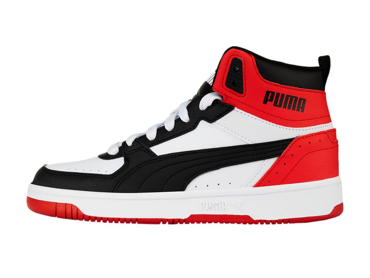 Tenis PUMA Rebound Joy JR de bota alta en colores blanco, negro y rojo.