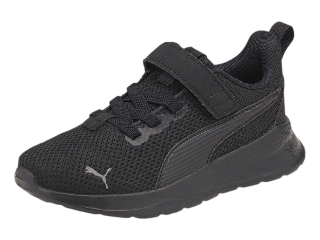 Tenis deportivos PUMA Anzarun Lite AC PS color negro con cierre de velcro y malla transpirable.