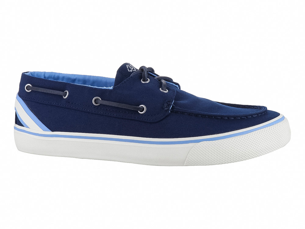 Zapato casual náutico Sperry color azul marino con suela blanca y cordones.