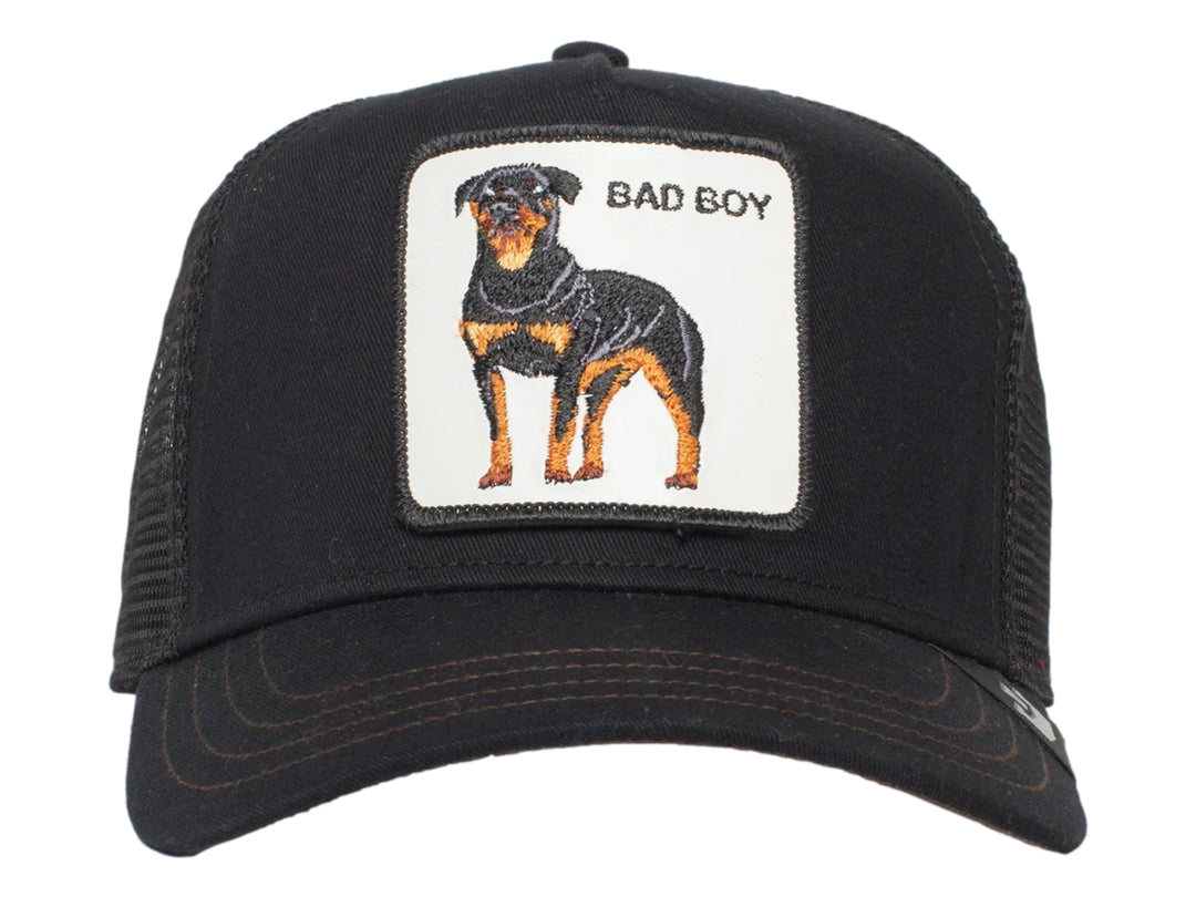 Gorra negra con parche frontal de un perro Rottweiler y el texto BAD BOY.