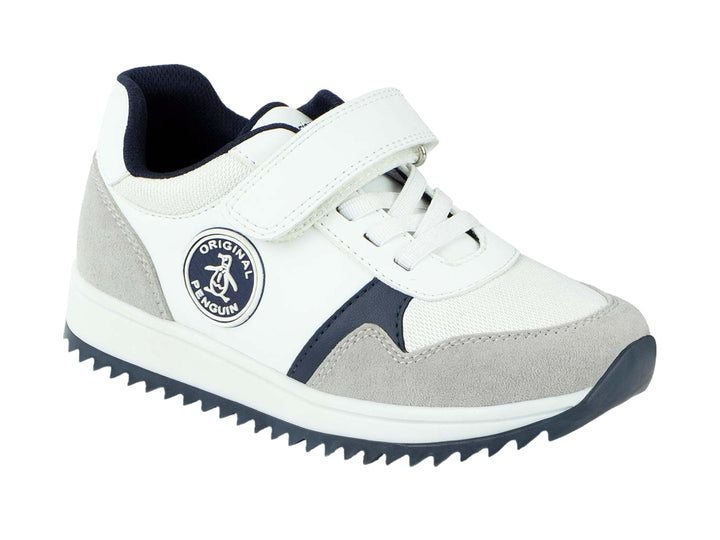 Tenis blancos para niño marca Penguin con detalles en gris y azul marino, cierre de velcro y agujetas.
