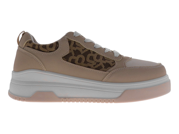 Tenis ATOK para niña en color nude y marrón con suela de plataforma blanca y detalles estampados.