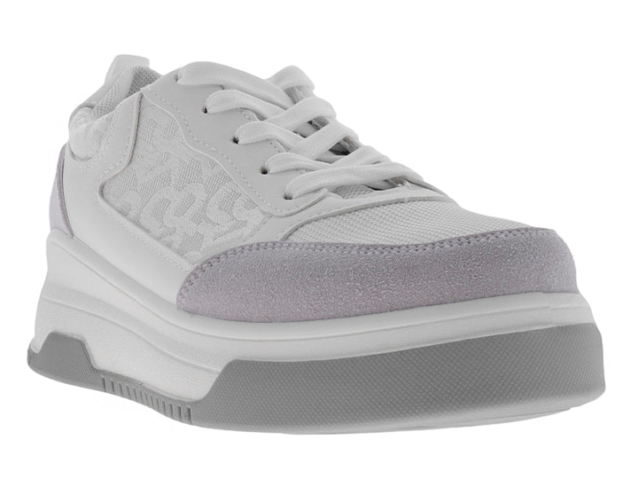 Tenis deportivos ATOK en colores blanco y gris con suela gruesa y detalles en tela y sintético.