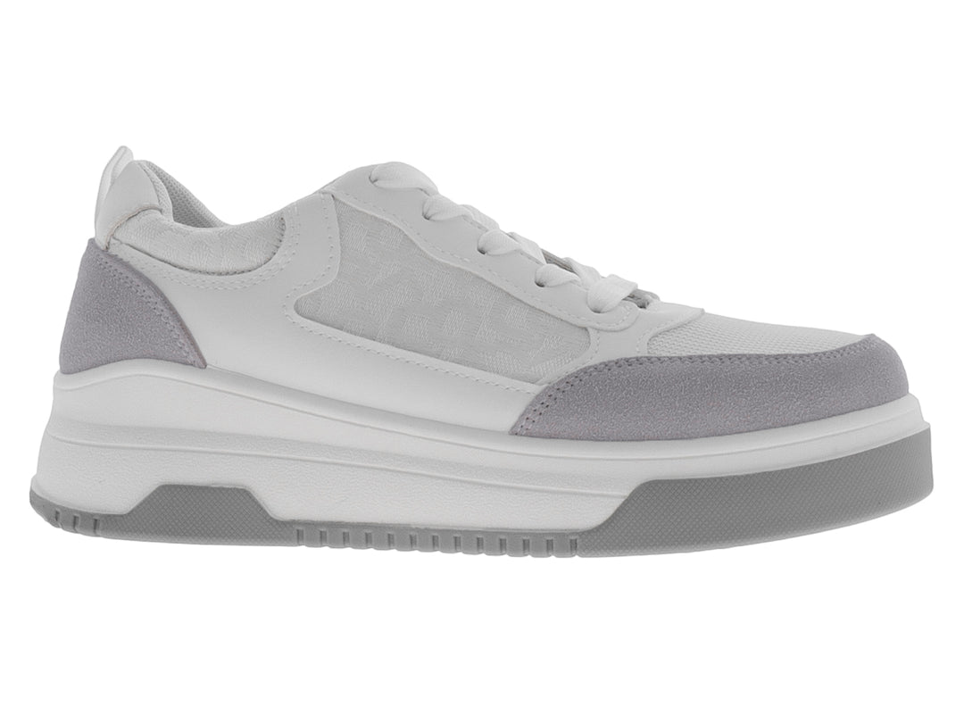 Tenis deportivos ATOK en colores blanco y gris con suela gruesa y detalles en tela y sintético.