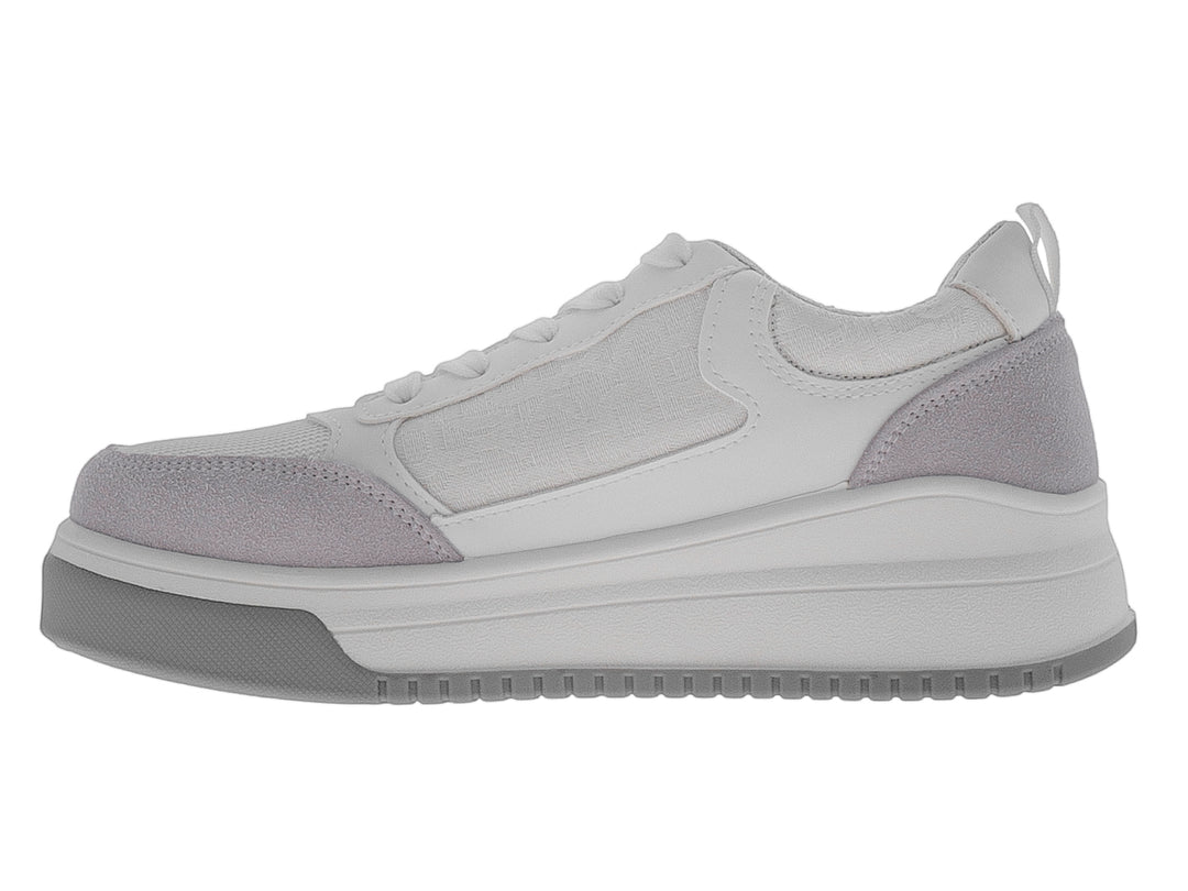 Tenis deportivos ATOK en colores blanco y gris con suela gruesa y detalles en tela y sintético.