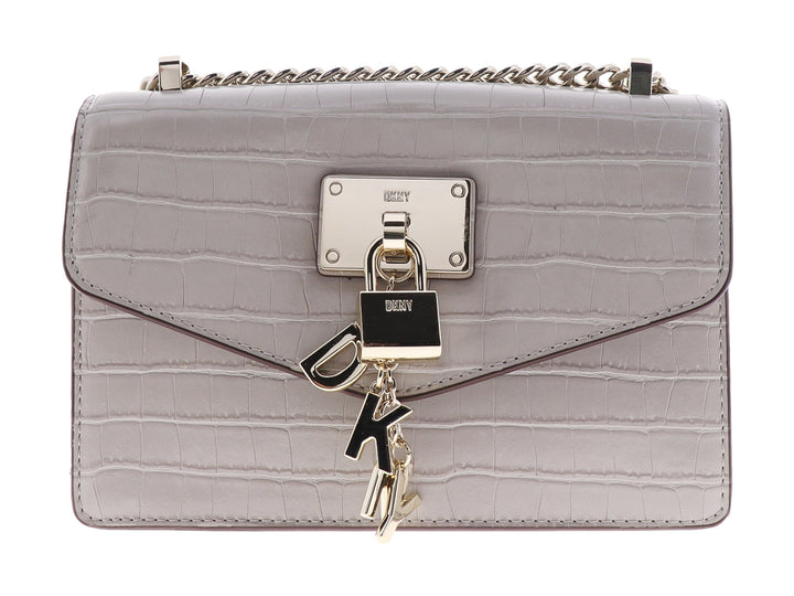Bolso DKNY color gris gravel con textura de cocodrilo, cadena dorada y detalle de candado frontal.