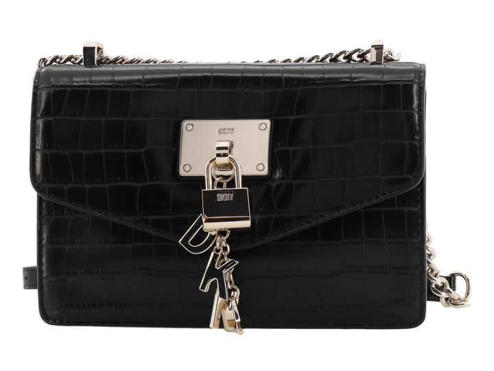 Bolso negro DKNY con textura de cocodrilo, cadena dorada y detalle de candado decorativo frontal.