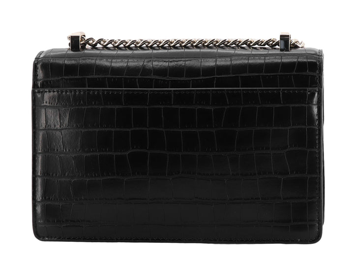 Bolso negro DKNY con textura de cocodrilo, cadena dorada y detalle de candado decorativo frontal.