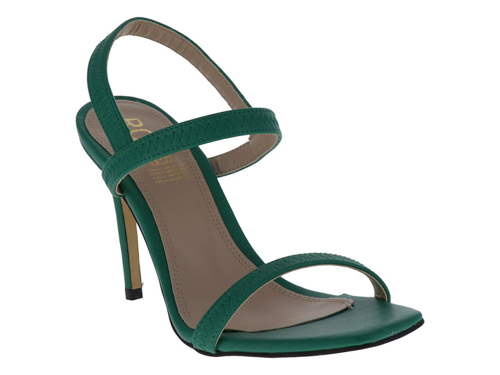 Sandalia de tacón alto color verde esmeralda con tiras cruzadas y plantilla beige.