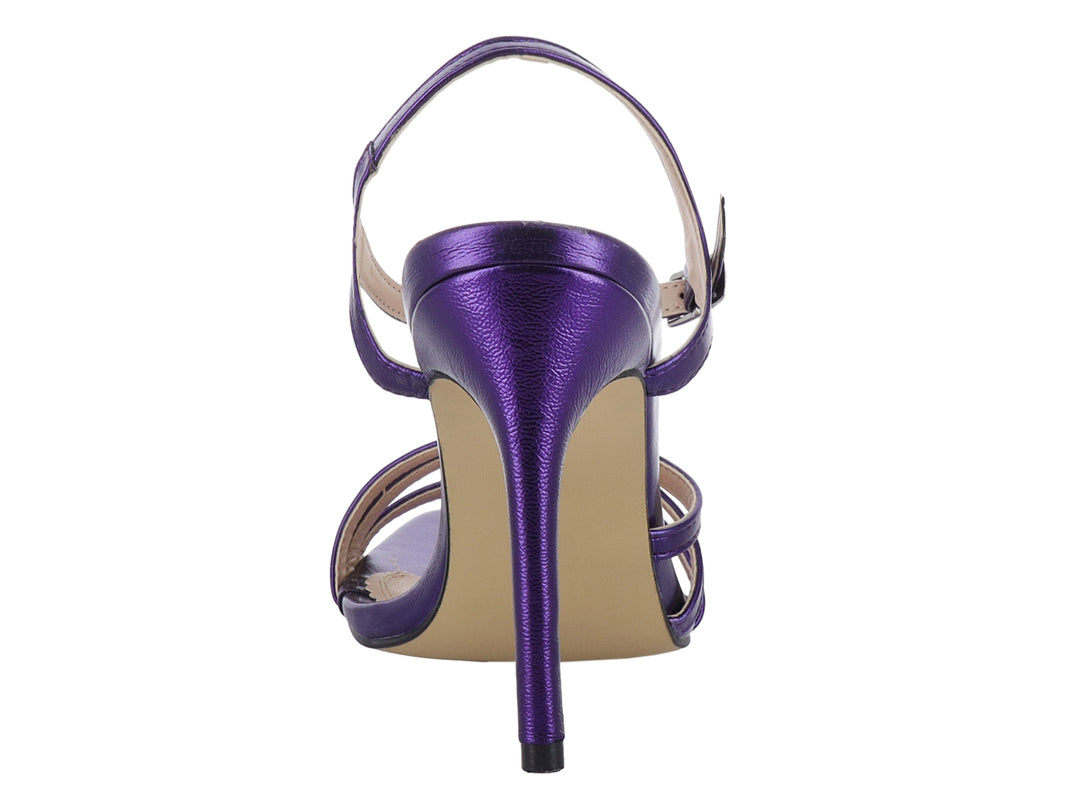 Sandalia de tacón alto color morado metálico con tiras cruzadas y correa al tobillo para Mujer.