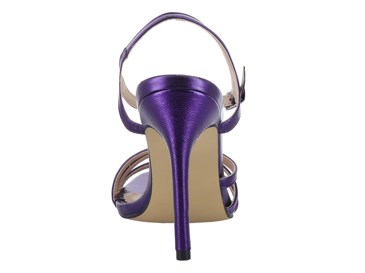 Sandalia de tacón alto color morado metálico con tiras cruzadas y correa al tobillo para Mujer.