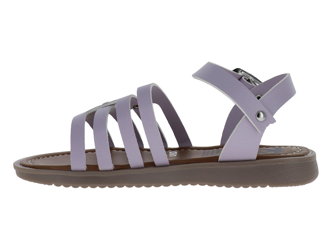 Sandalia infantil color lila con diseño de tiras cruzadas y hebilla metálica ajustable.