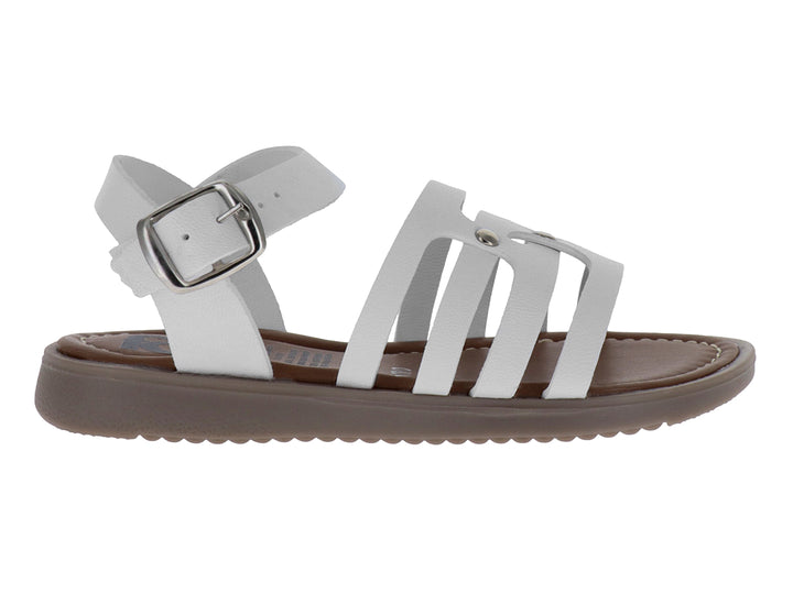 Sandalia blanca para niño o niña con diseño de tiras transversales, hebilla ajustable y suela color marrón.