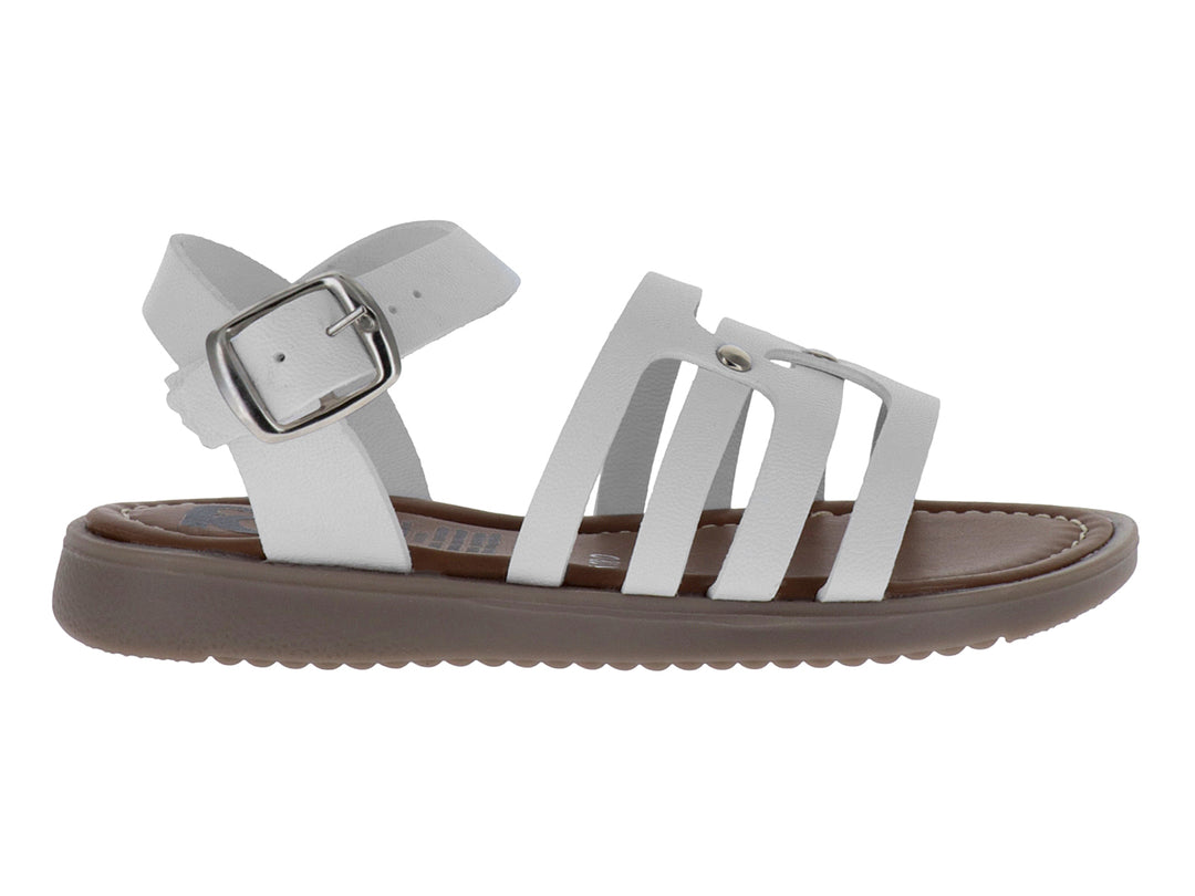 Sandalia infantil de tiras color blanco con suela marrón y hebilla ajustable.