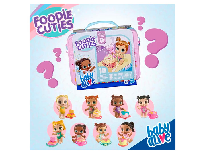 Set de juguete Baby Alive Foodie Cuties en maletín rosa con asa azul y empaque colorido.