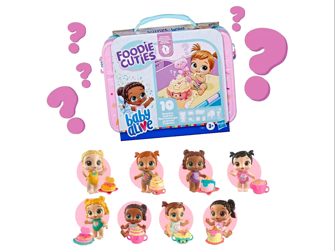 Set de juguete Baby Alive Foodie Cuties en maletín rosa con asa azul y empaque colorido.
