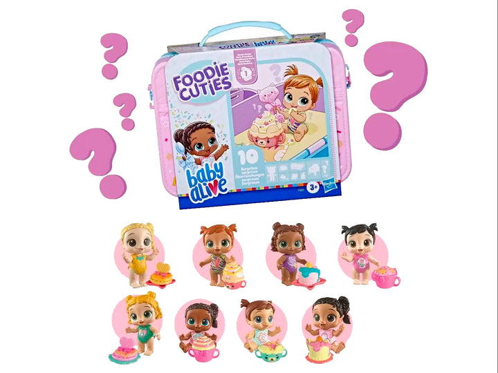 Set de juguete Baby Alive Foodie Cuties en maletín rosa con asa azul y empaque colorido.