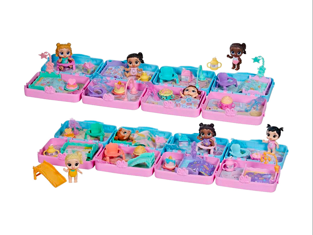 Set de juguete Baby Alive Foodie Cuties en maletín rosa con asa azul y empaque colorido.