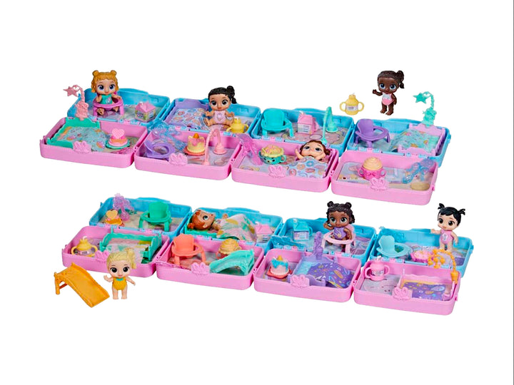 Set de juguete Baby Alive Foodie Cuties en maletín rosa con asa azul y empaque colorido.