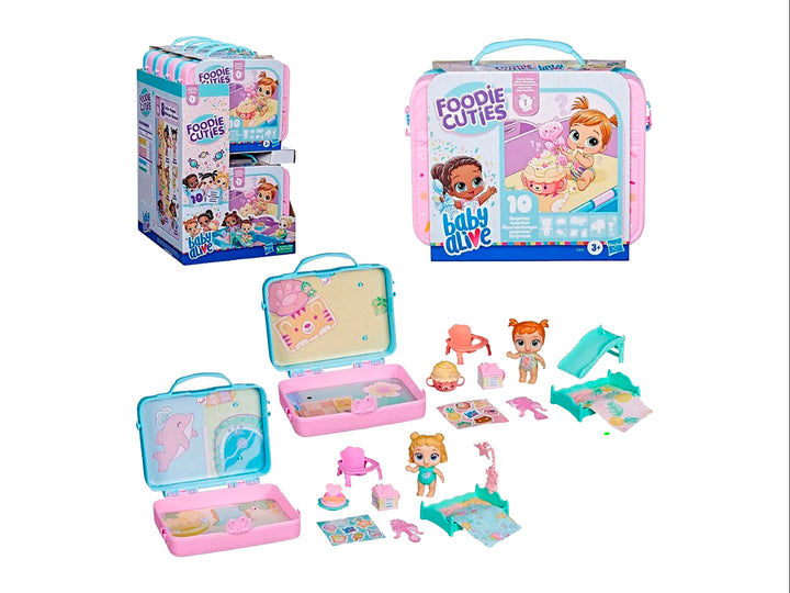 Set de juguete Baby Alive Foodie Cuties en maletín rosa con asa azul y empaque colorido.