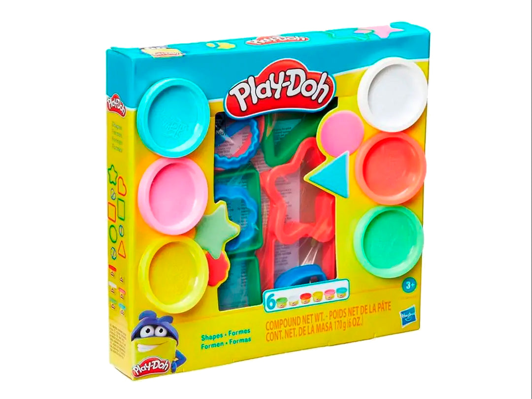 Set de moldes de figuras Play-Doh en colores variados presentados en un empaque rectangular azul y amarillo.