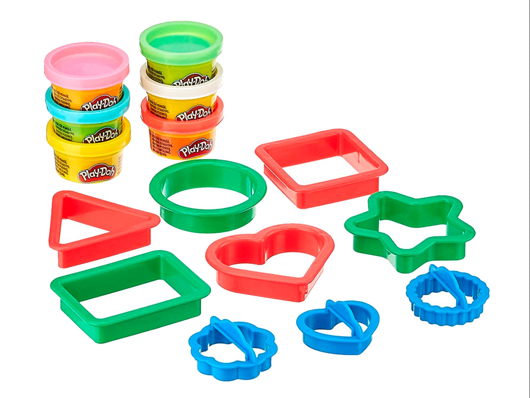Set de moldes de figuras Play-Doh en colores variados presentados en un empaque rectangular azul y amarillo.