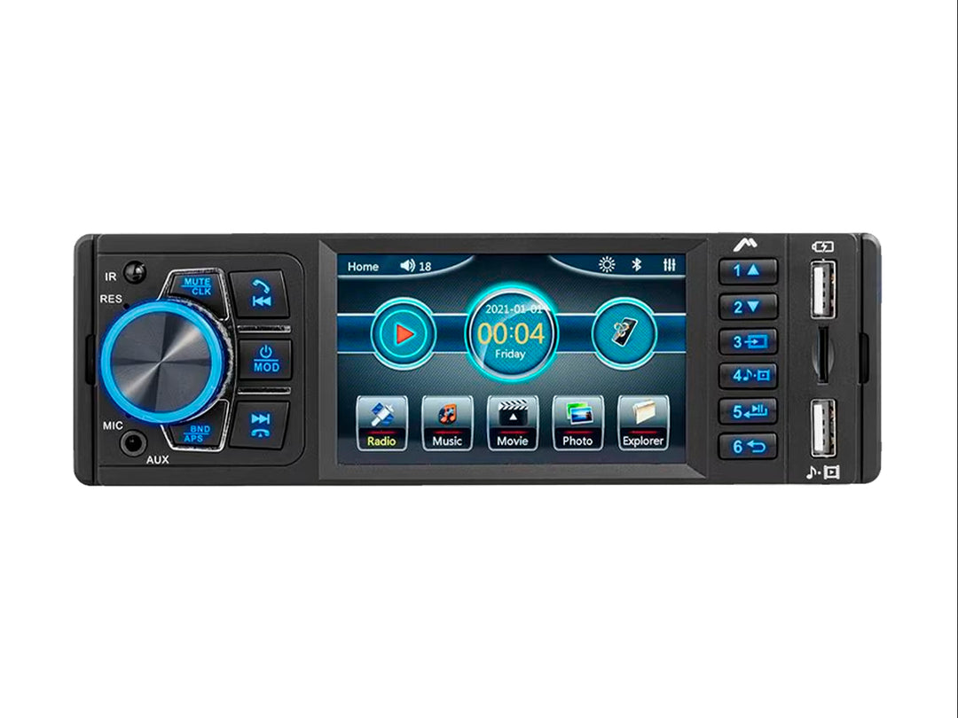 Autoestéreo Kaiser Mitzu negro con pantalla táctil, perilla azul y puertos USB frontales.
