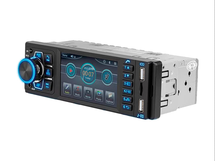 Autoestéreo Kaiser Mitzu negro con pantalla táctil, perilla azul y puertos USB frontales.