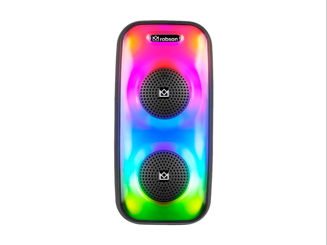 Bocina doble Robson de color negro con iluminación frontal multicolor tipo flama.