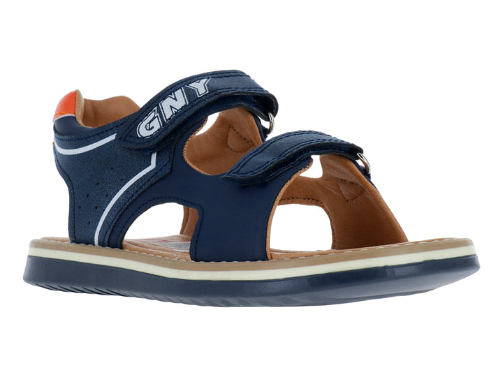 Sandalia infantil color azul marino con tiras de velcro y detalles en blanco y naranja.
