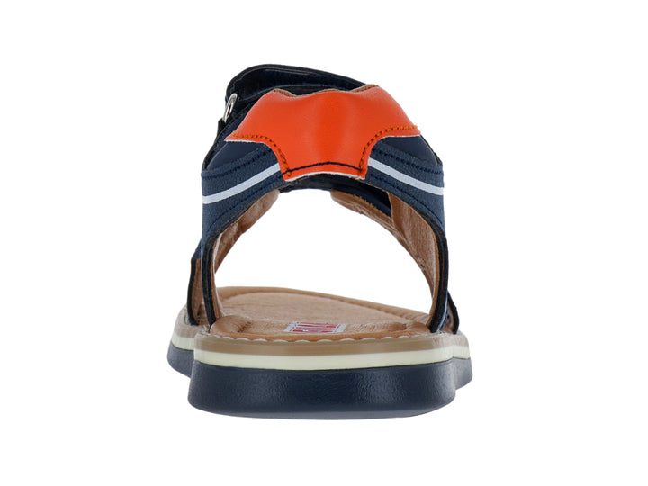 Sandalia infantil color azul marino con tiras de velcro y detalles en blanco y naranja.