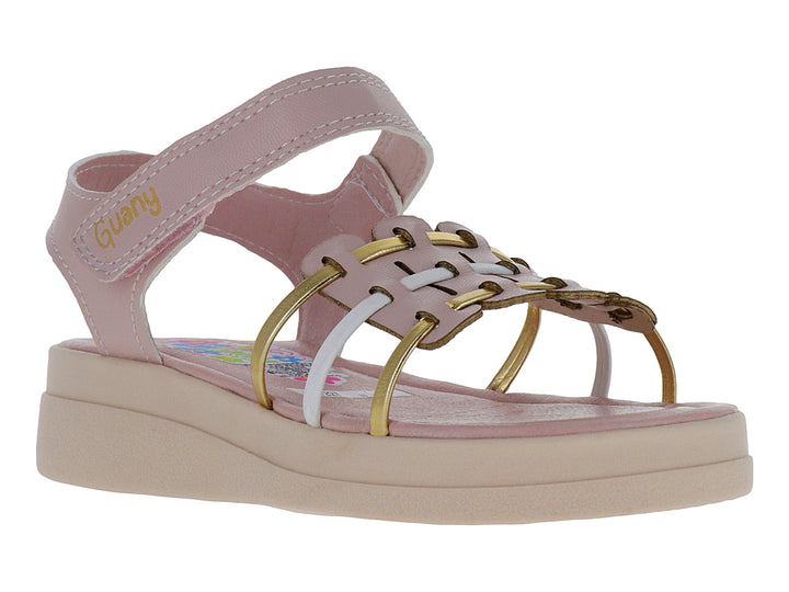 Sandalia rosa para niña con plataforma, correas entrelazadas en tonos dorado y blanco y cierre de velcro.