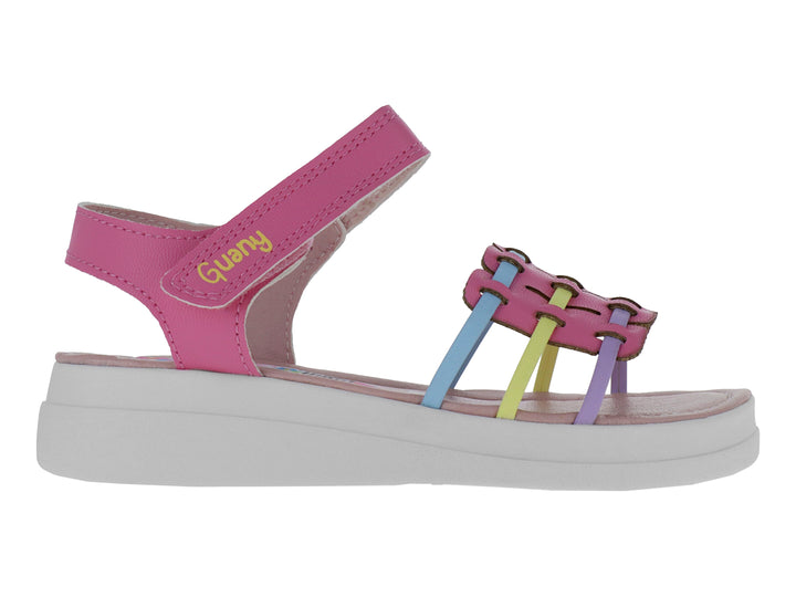 Sandalia para Niña marca Guany en color fucsia y multicolor con tiras entrelazadas y suela blanca.