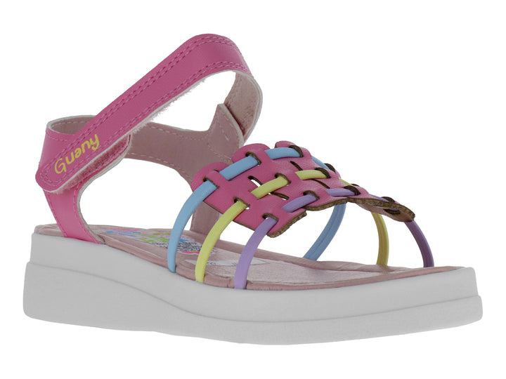 Sandalia para Niña marca Guany en color fucsia con tiras entrelazadas multicolor y suela blanca.